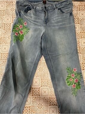 Earl Jean 20W Tropical Floral Embroidered Stretch Jeans Plus Size Ankle Cuff Y2K